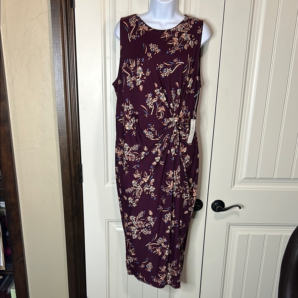 Sleeveless Burgundy Floral Twist-Front Midi Dress